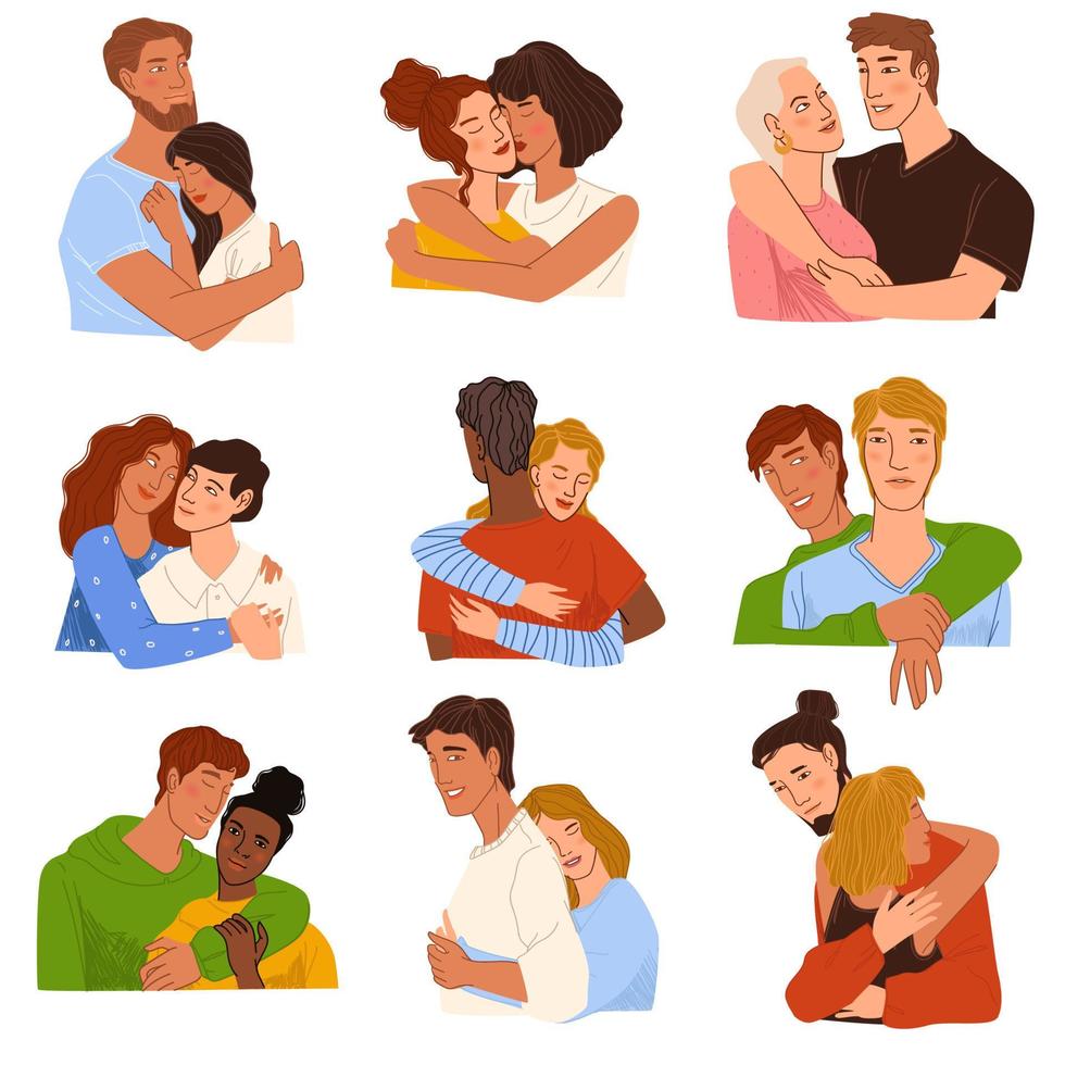 Couples and friends hugging, people in love vector