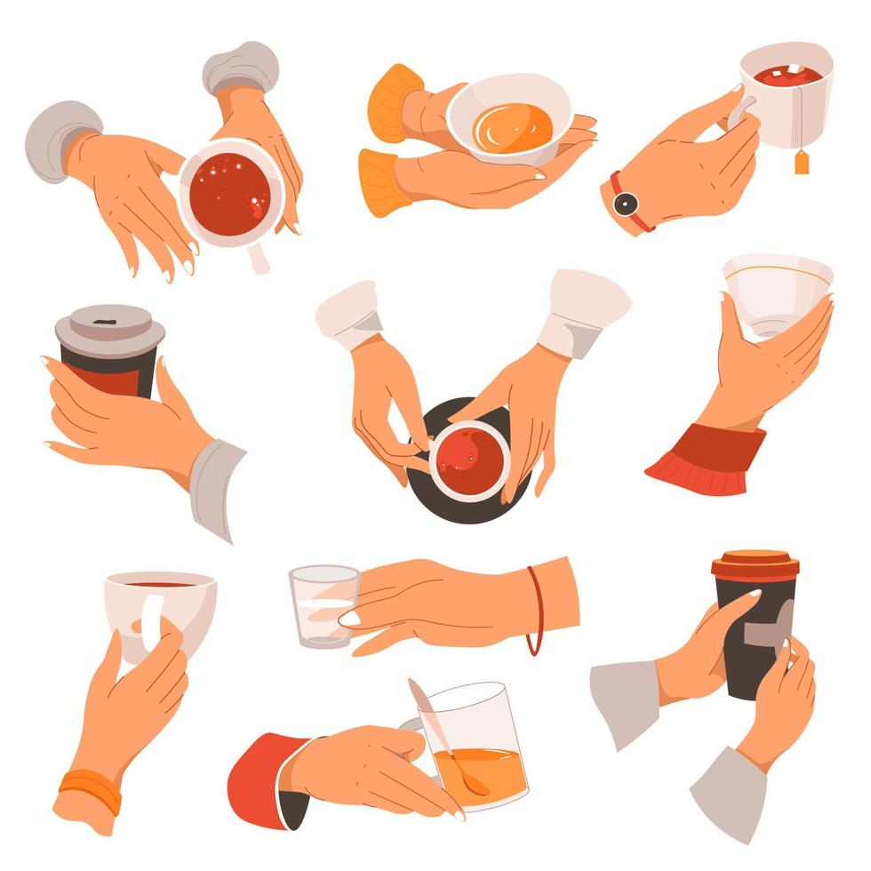 hora del café y el té, bebiendo bebidas calientes con las manos. vector