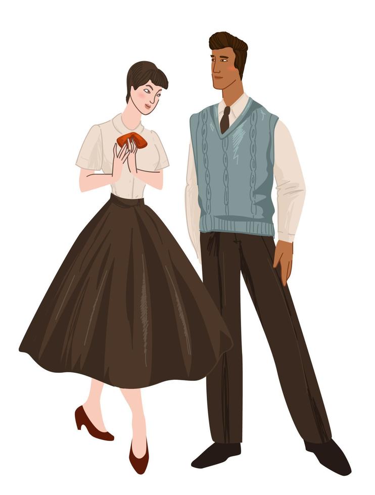Man and woman wearing clothes of 1950s, fashion vector