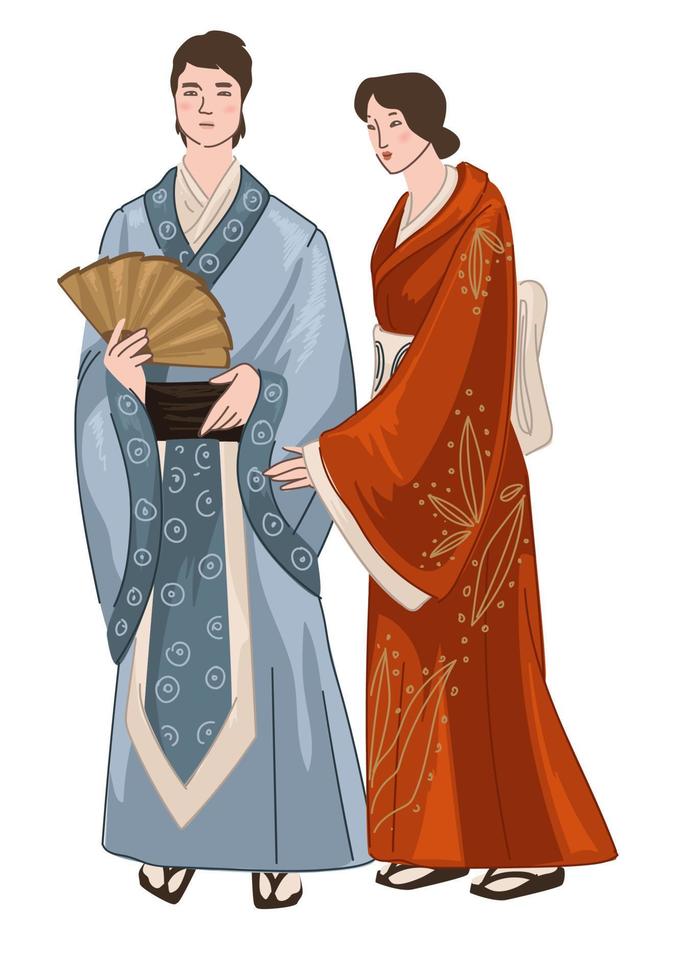 hombre y mujer vistiendo ropa de kimono japonés vector