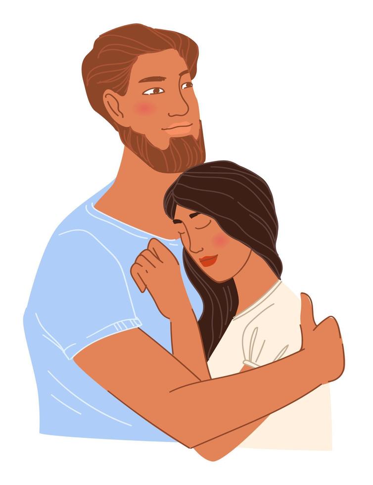 Bearded man and woman in love, couple cuddling vector