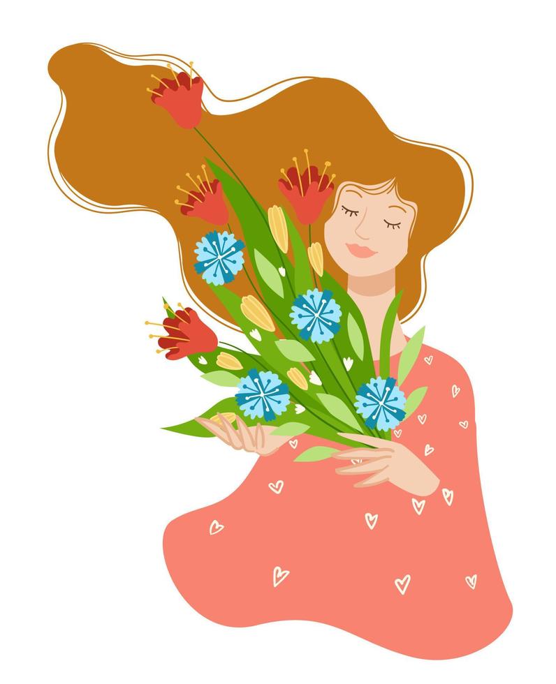 mujer joven sonriente sosteniendo vector de ramo de flores