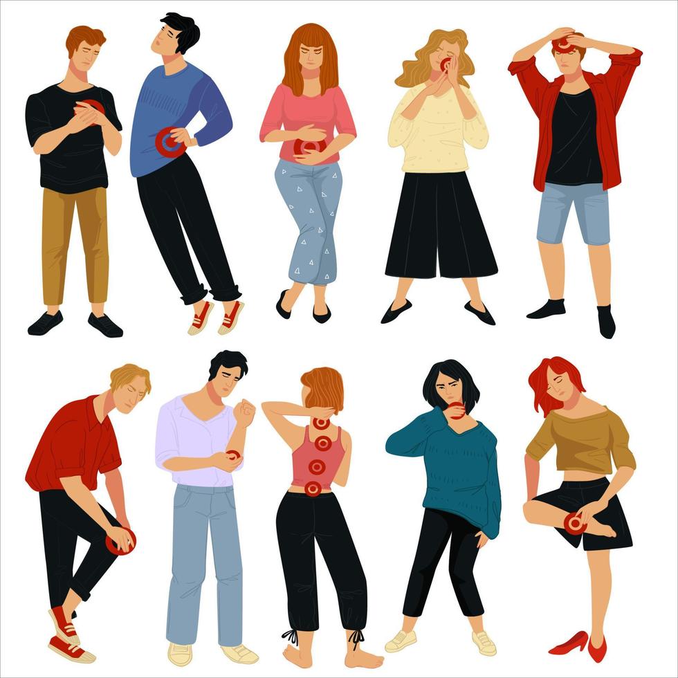 People with pain in body, ill males and females vector