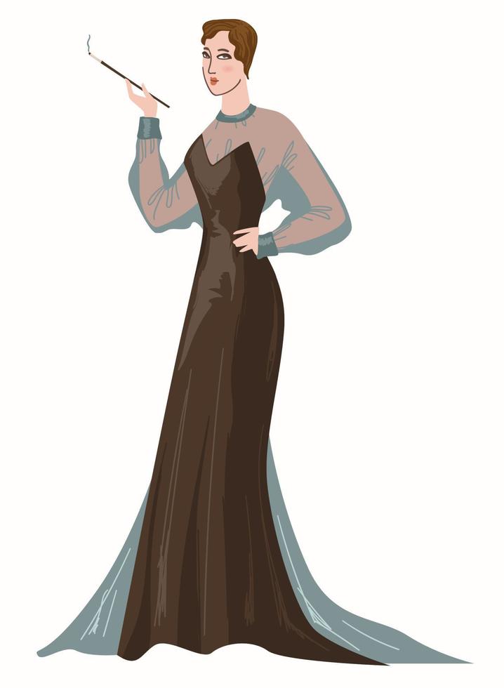 elegante mujer fumadora con vestido largo vector