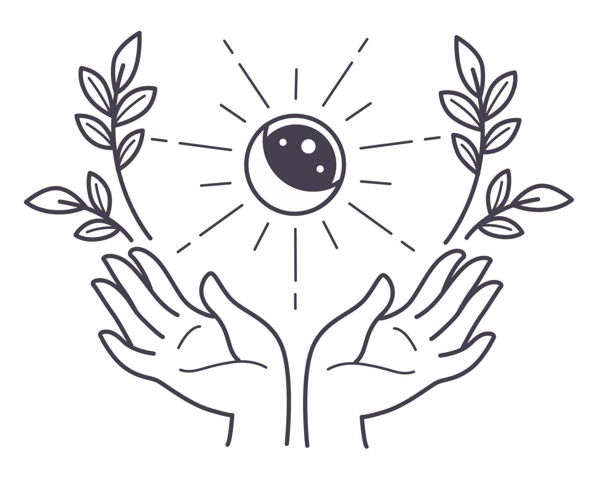 Hand holding full moon and sun eclipse with flora vector
