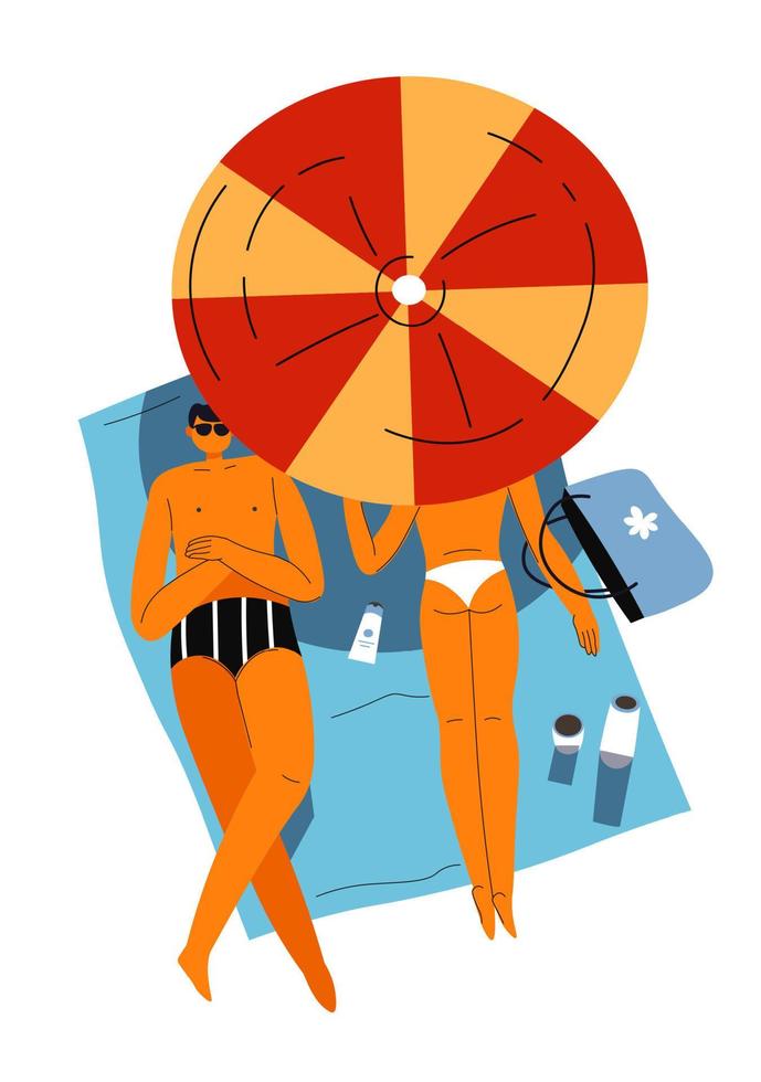People sunbathing laying on blanket under umbrella vector