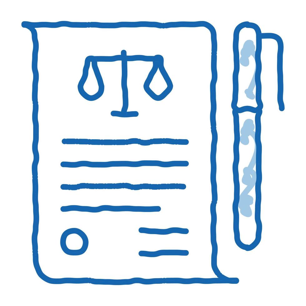 hoja de papel y bolígrafo en la ley de la corte y el icono del garabato de juicio ilustración dibujada a mano vector