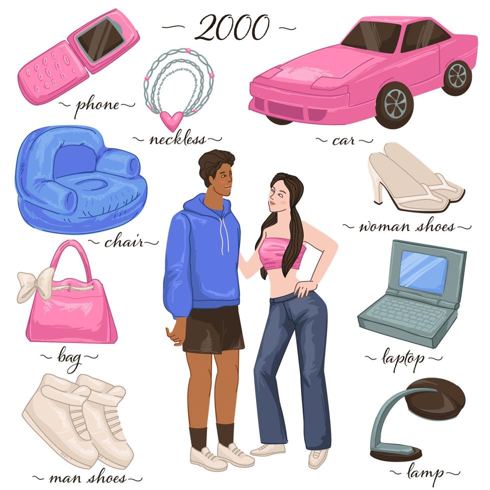 People outfit and clothes, objects from 2000s vector