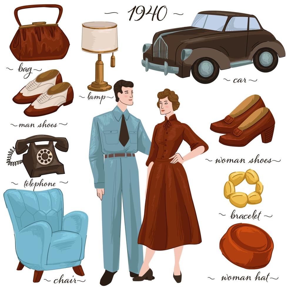 moda y muebles de interior en 1940 vintage vector