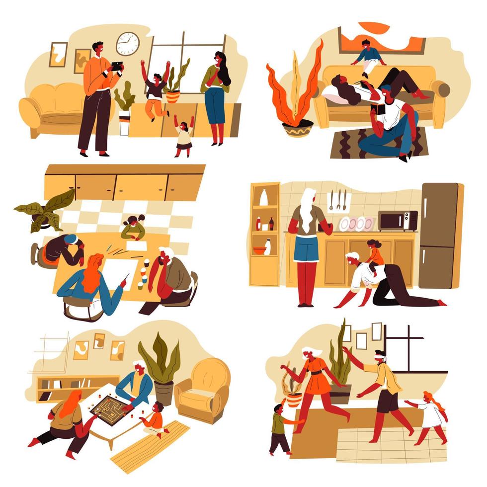 Family activities at home, dad and mom with kids vector