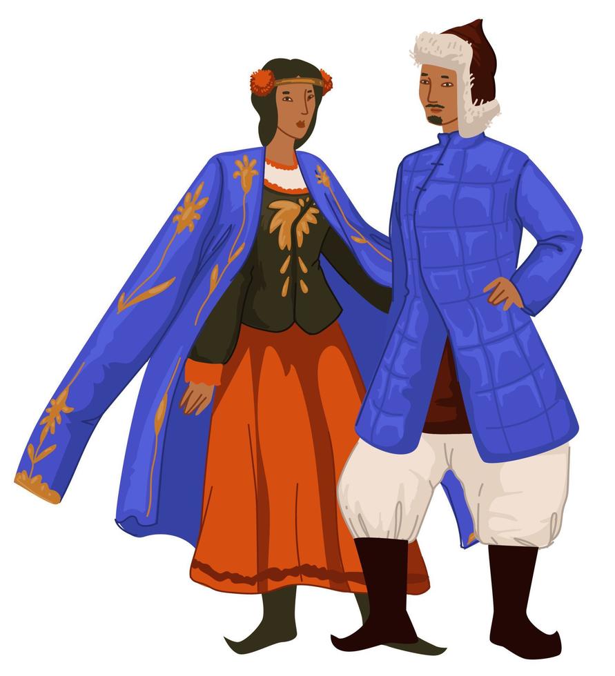 mongol, hombre y mujer, en, ropa tradicional, vector