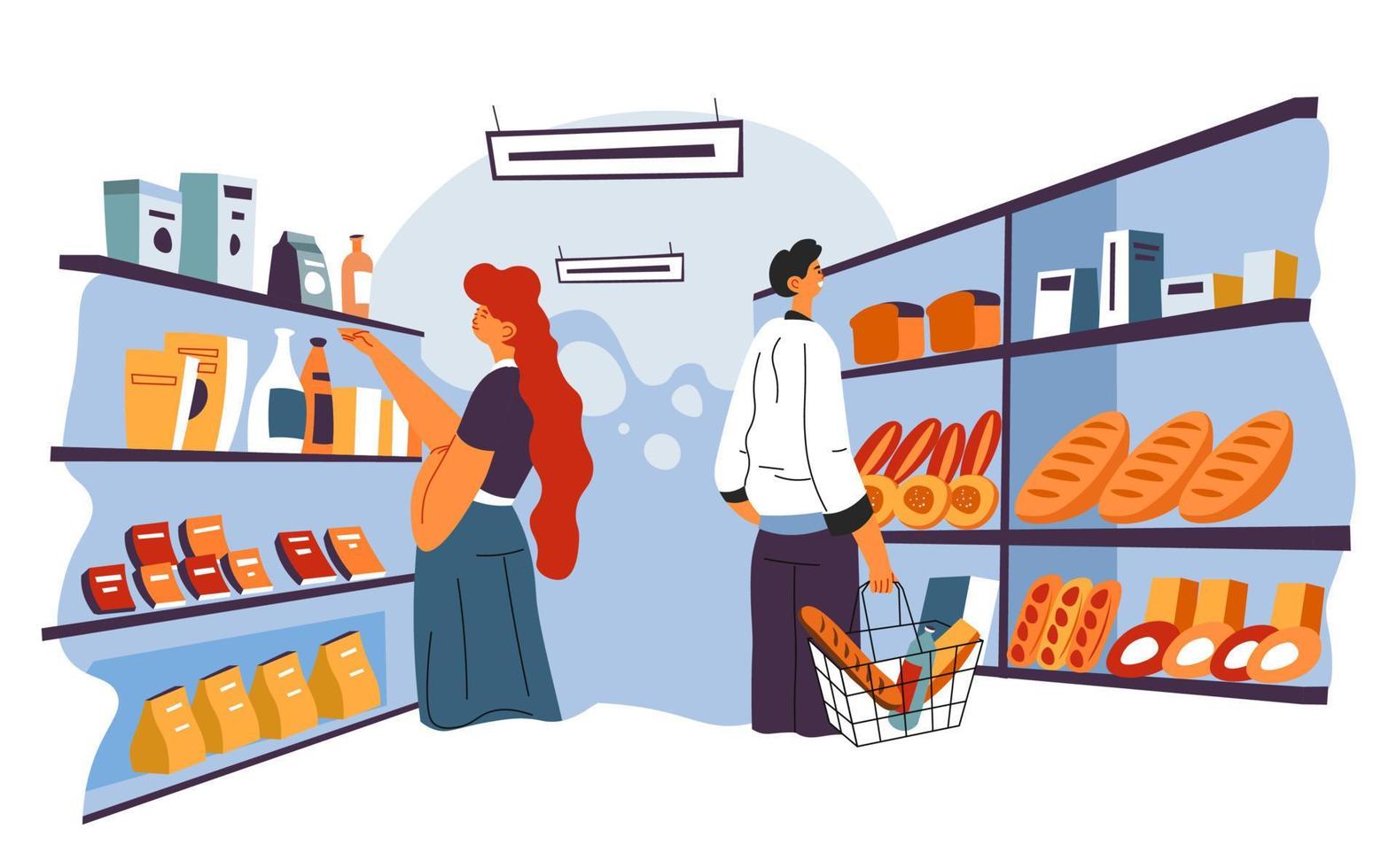 People shopping in bakery department supermarket vector