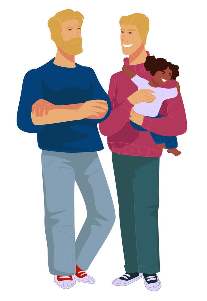Gay couple with kid, homosexual family of men vector