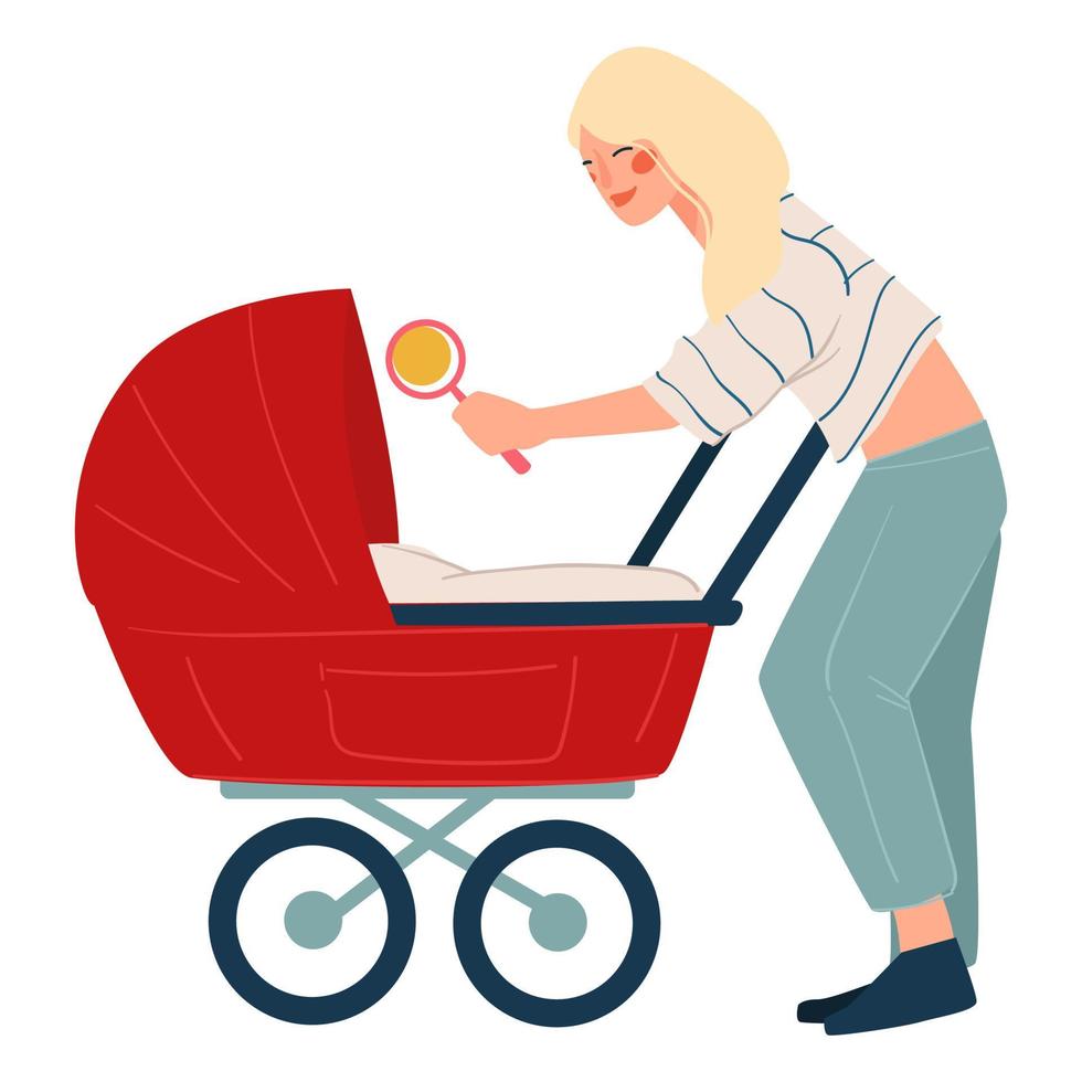 Mother playing with newborn child in buggy vector