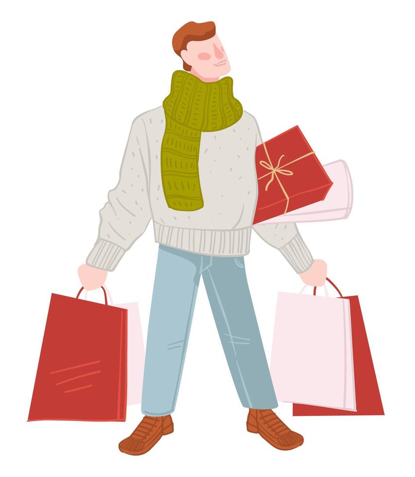 Winter shopping season, man with bags and presents vector