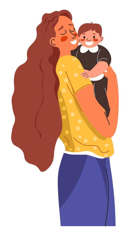 Mommy kissing toddler kid, woman holding child vector