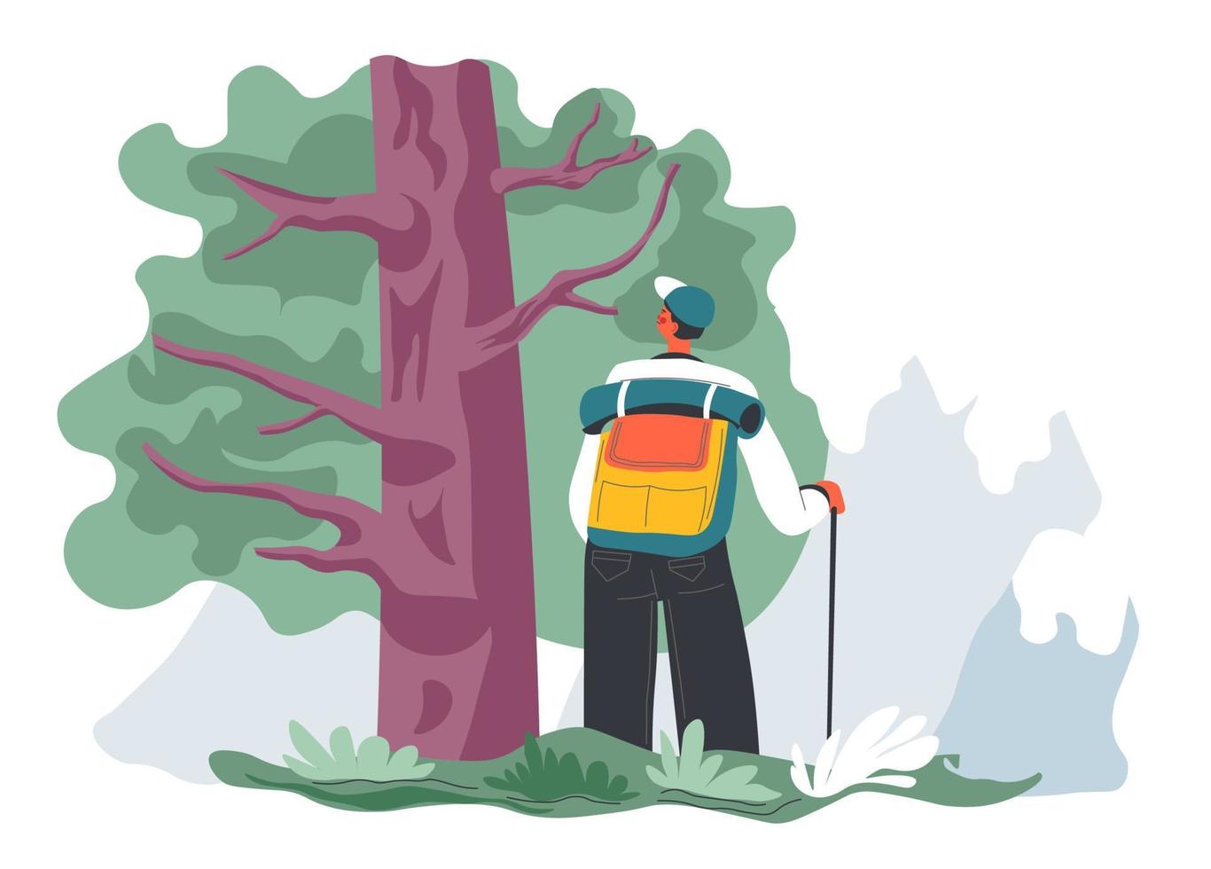 Male character hiking in woods alone, traveler vector