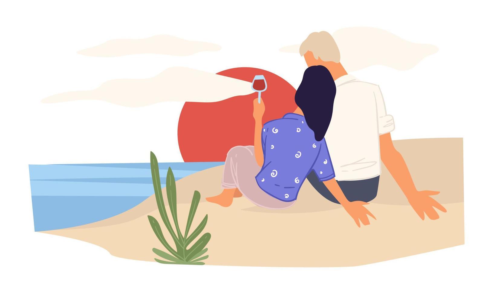 Couple watching sunset by seaside sitting on sand vector
