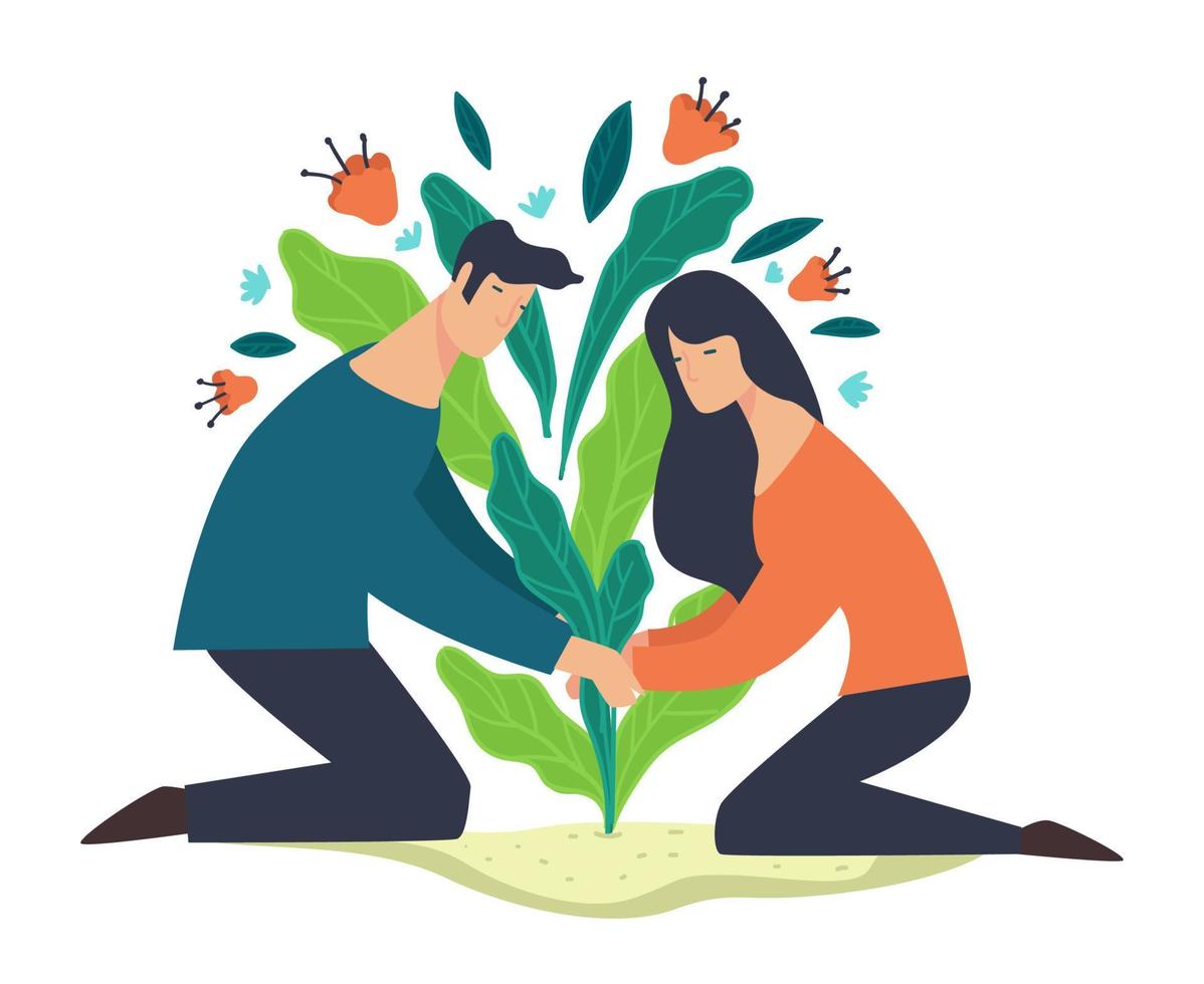 hombre y mujer cepillando plántulas de flor o árbol vector