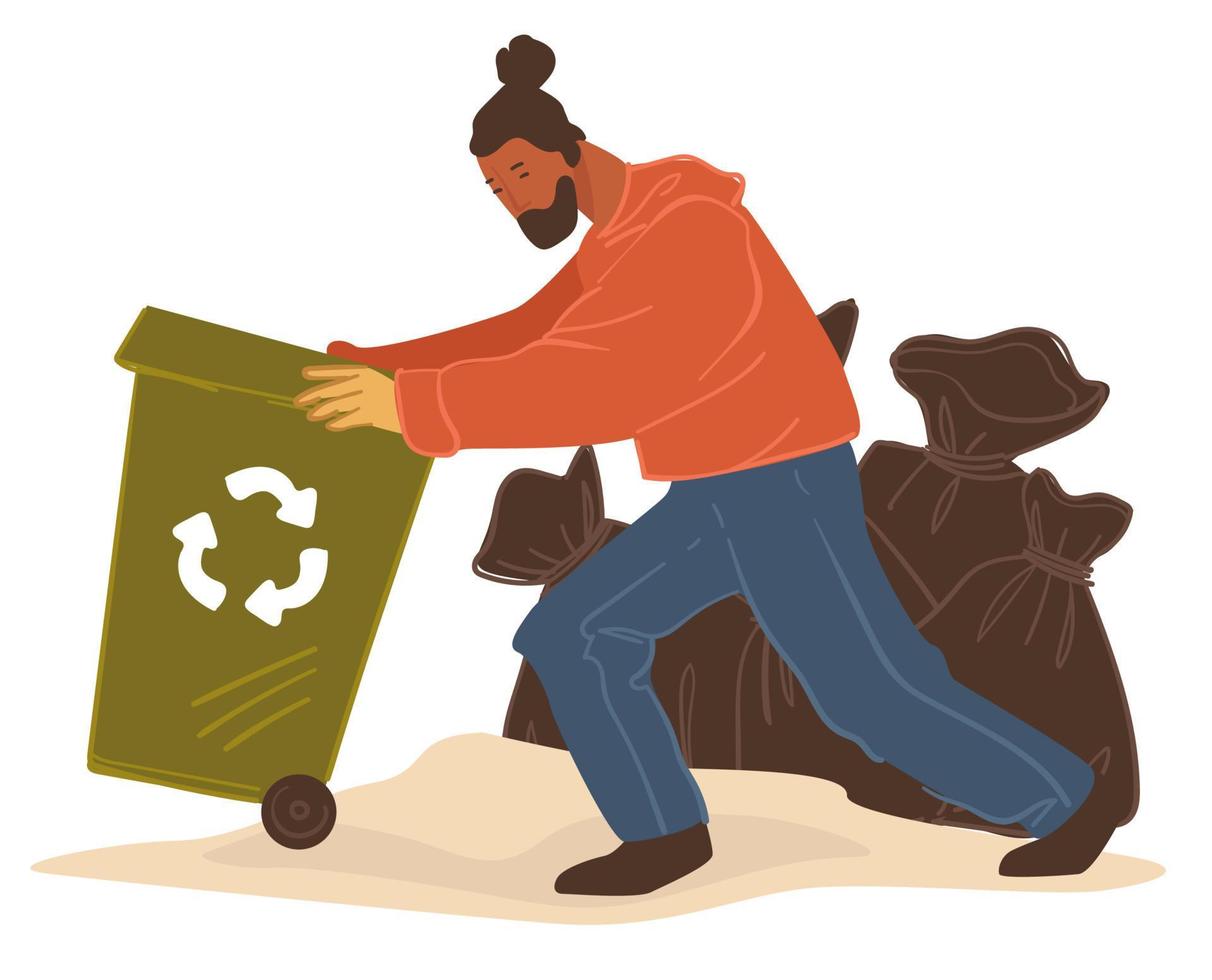 Man pulling container with garbage for recycling vector