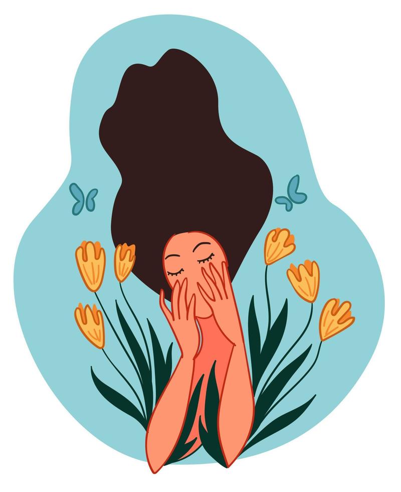 Happy female character with tulips and butterflies vector