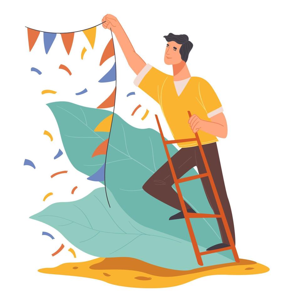 Male character hanging decorative flags for party vector
