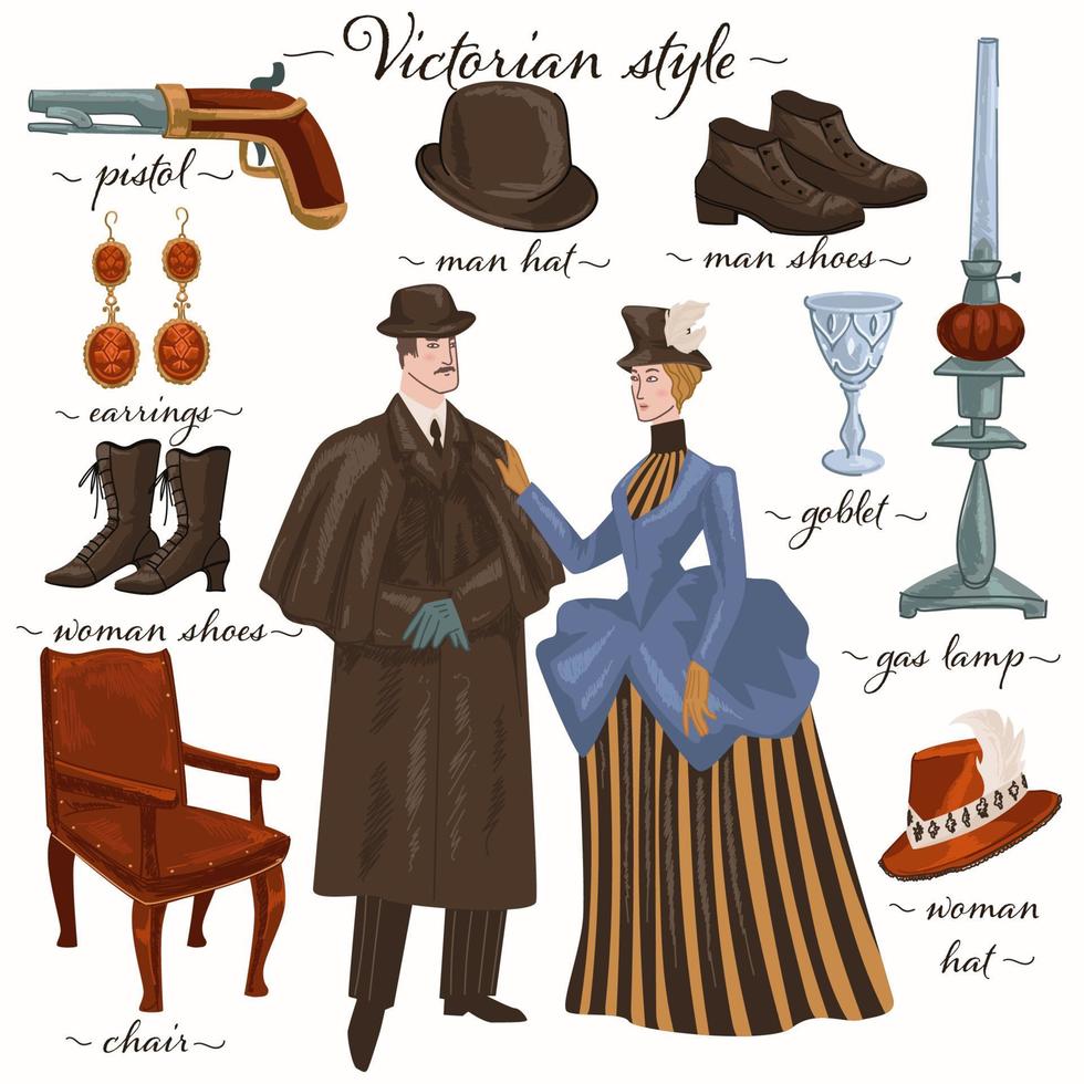 Victorian style epoch, couple and furniture object vector