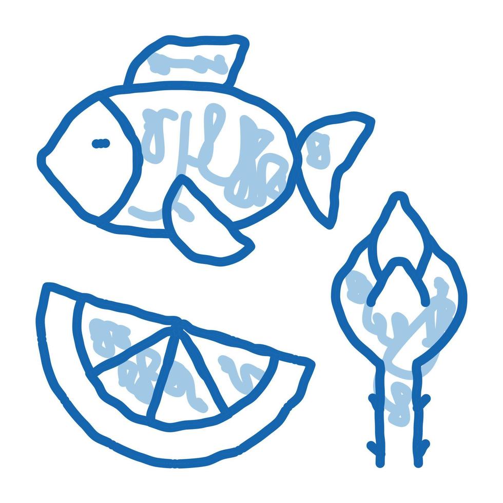 Nutrients of Fish and Fruit Biohacking doodle icon hand drawn illustration vector