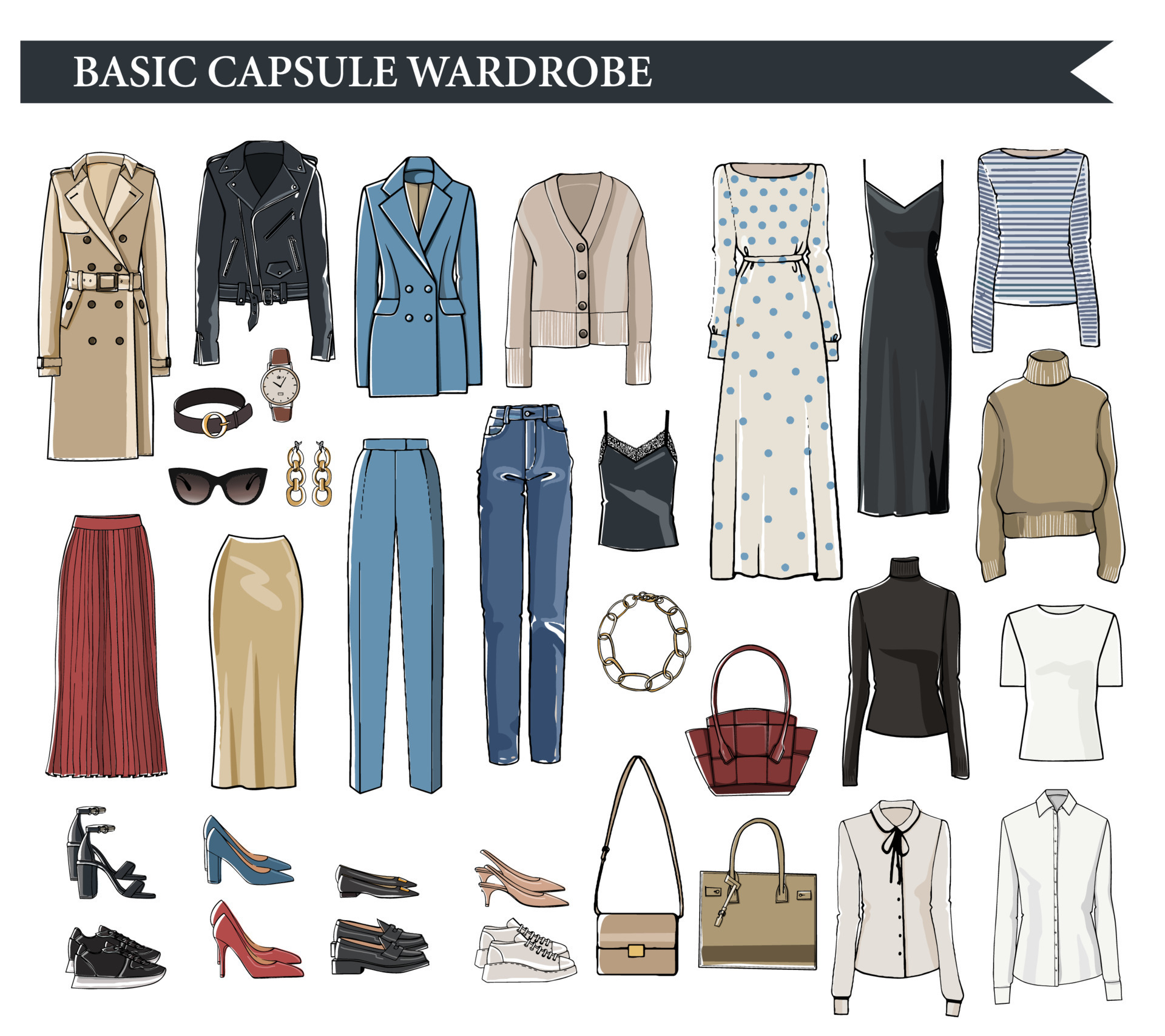 Basic capsule wardrobe for elegant women vector 17794824 Vector Art at ...