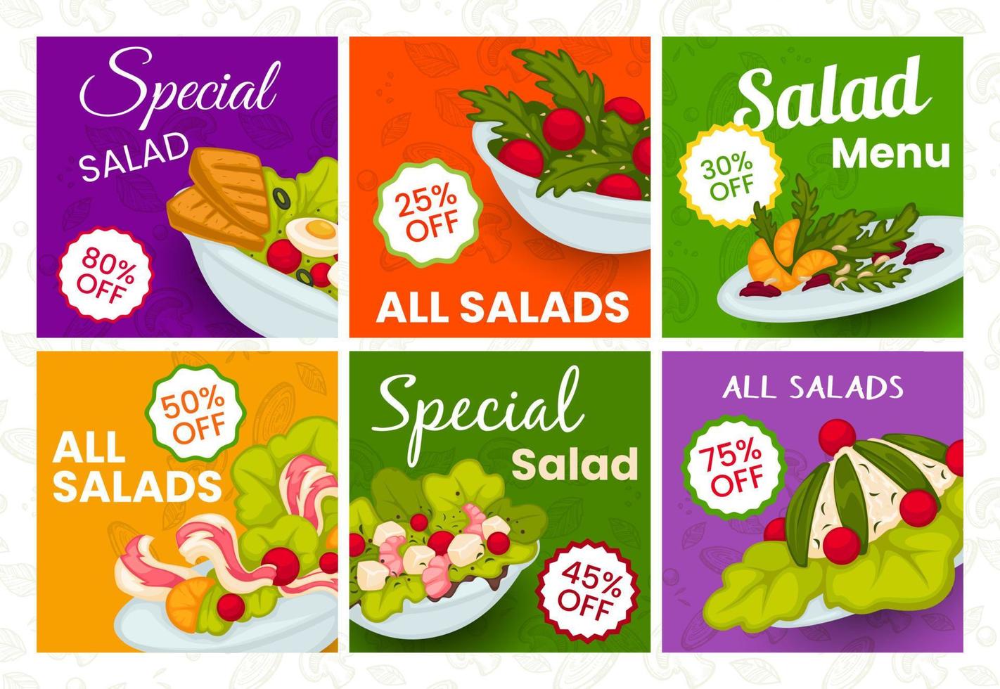 Set of bright posters for advertising salad menu. vector