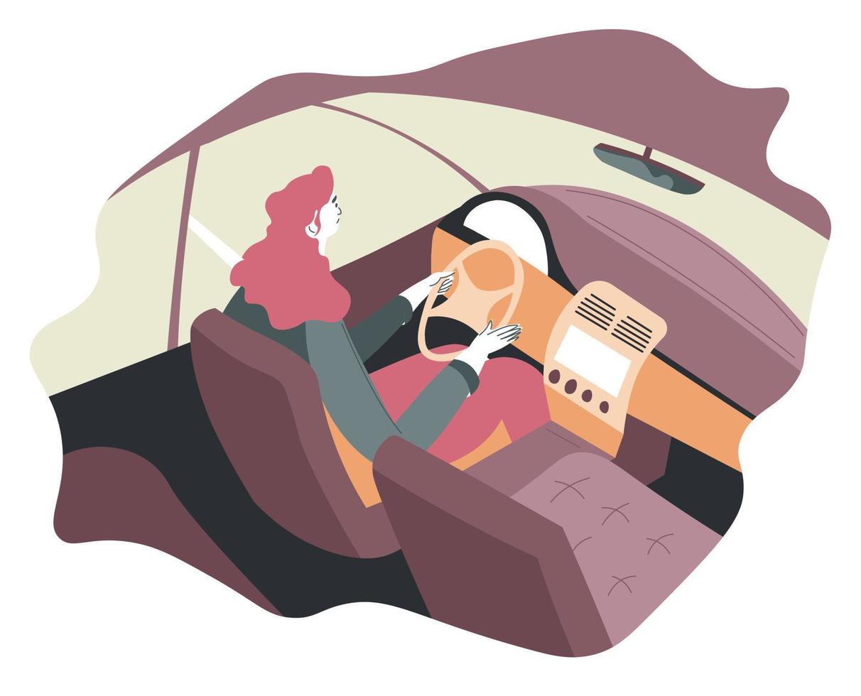 Female character driving car, lady by wheel vector