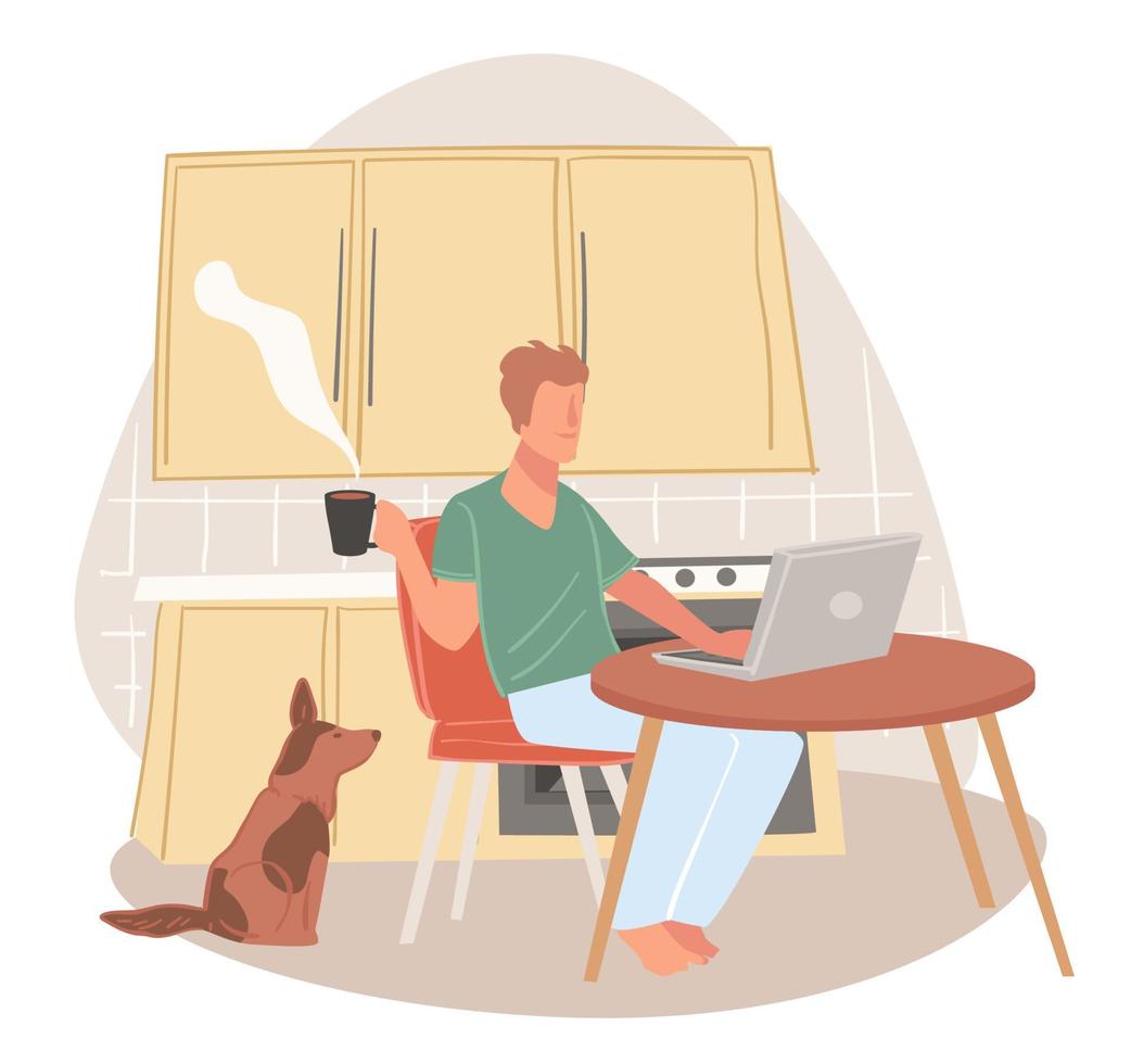 Freelancer man drinking coffee and working at home vector