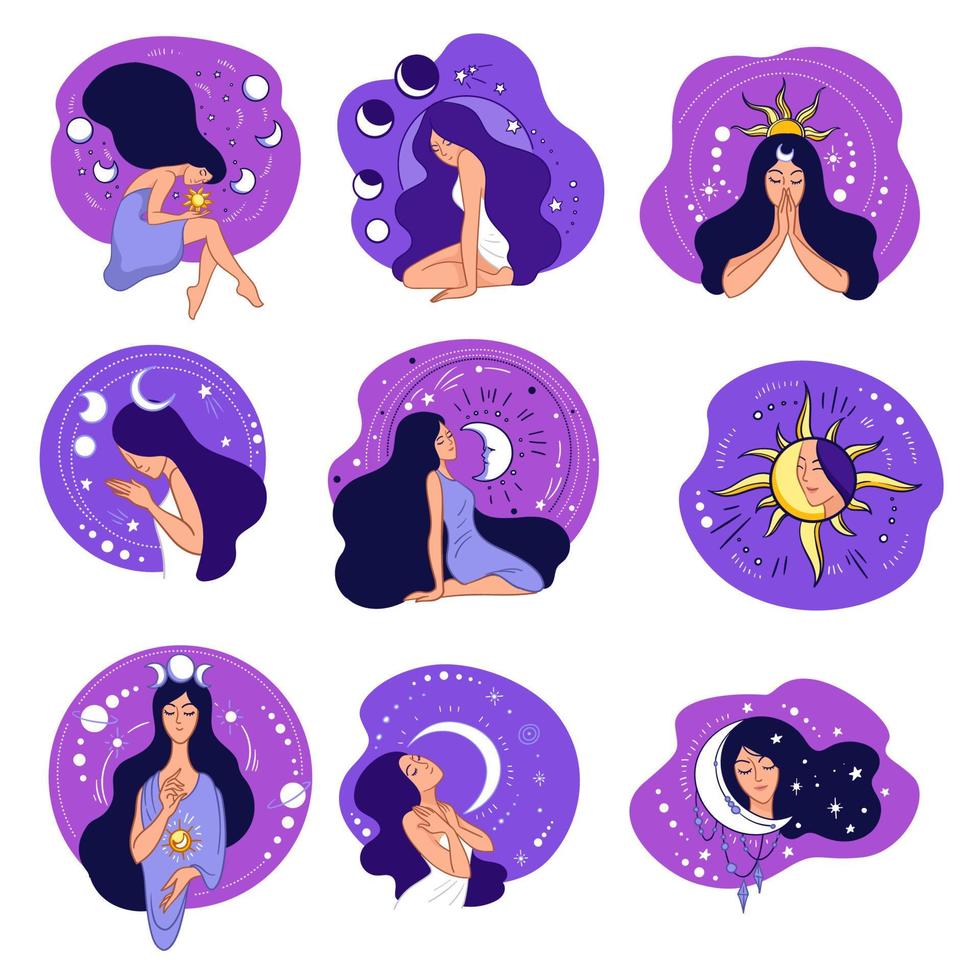 astrología luna y sol, personaje femenino en el espacio vector