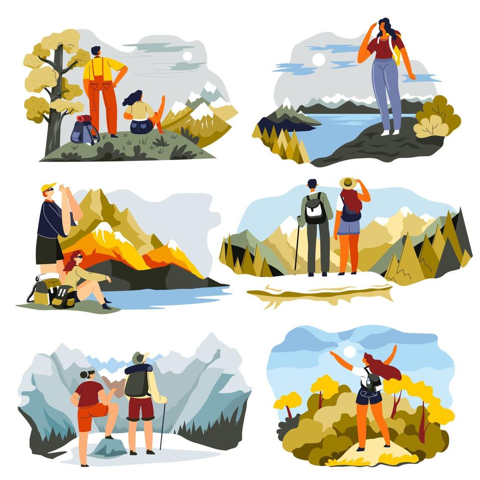 People traveling and hiking in mountains vector