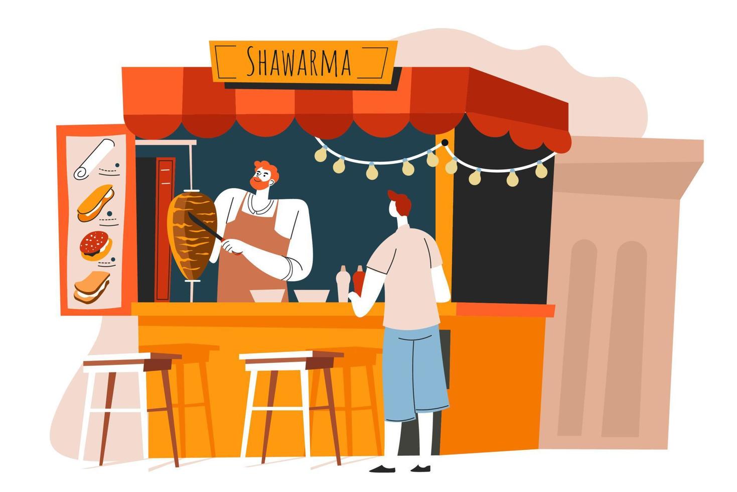 comida callejera, puesto de shawerma con vendedor y cliente vector