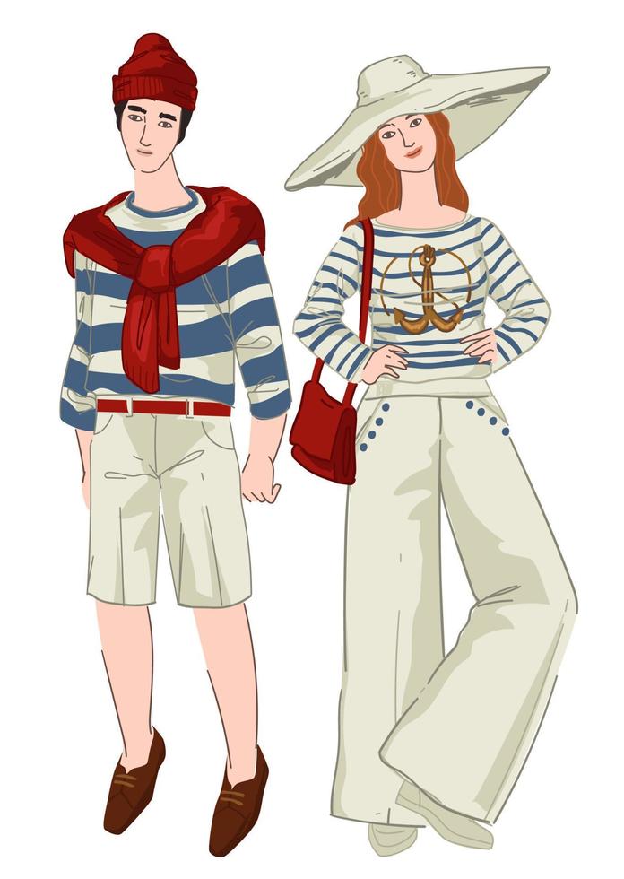 Modern couple wearing clothes in nautical style vector