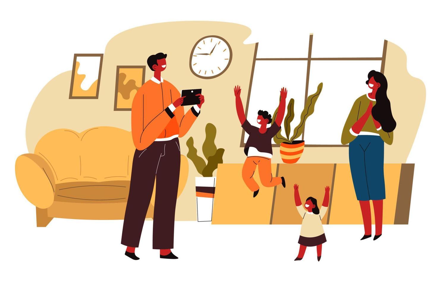 Family spending time at home, man taking photo vector