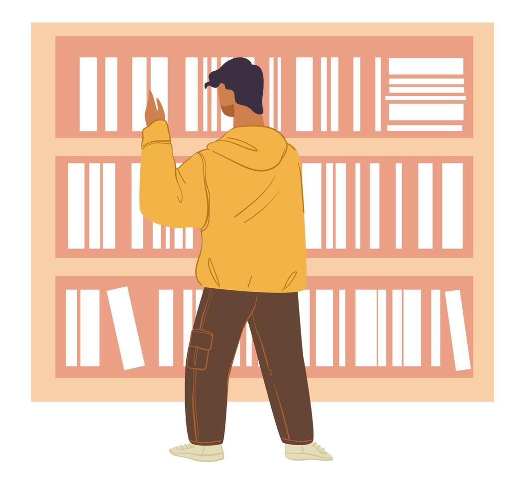Student looking for book in bookstore or library vector
