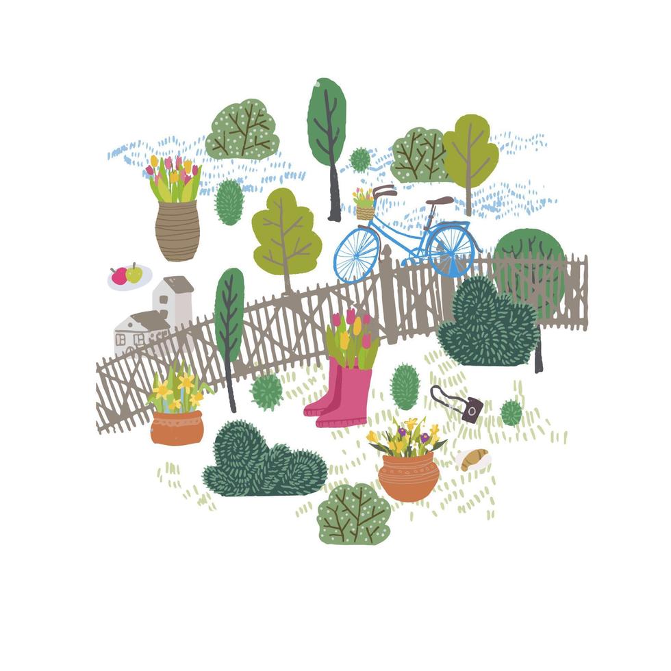 Spring park with bridge, trees and bushes plants vector