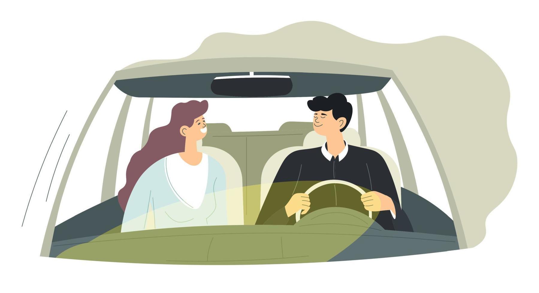 Man and woman driving car, couple on trip vector