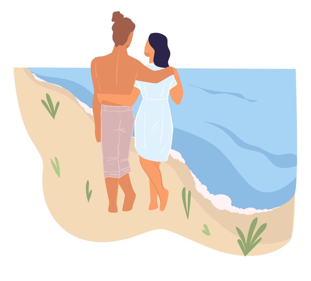 Man and woman walking along beach with sea vector