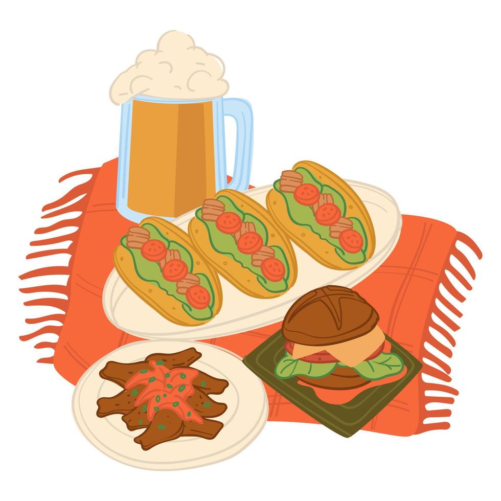 comida mexicana o americana, hamburguesa de taco con cerveza vector