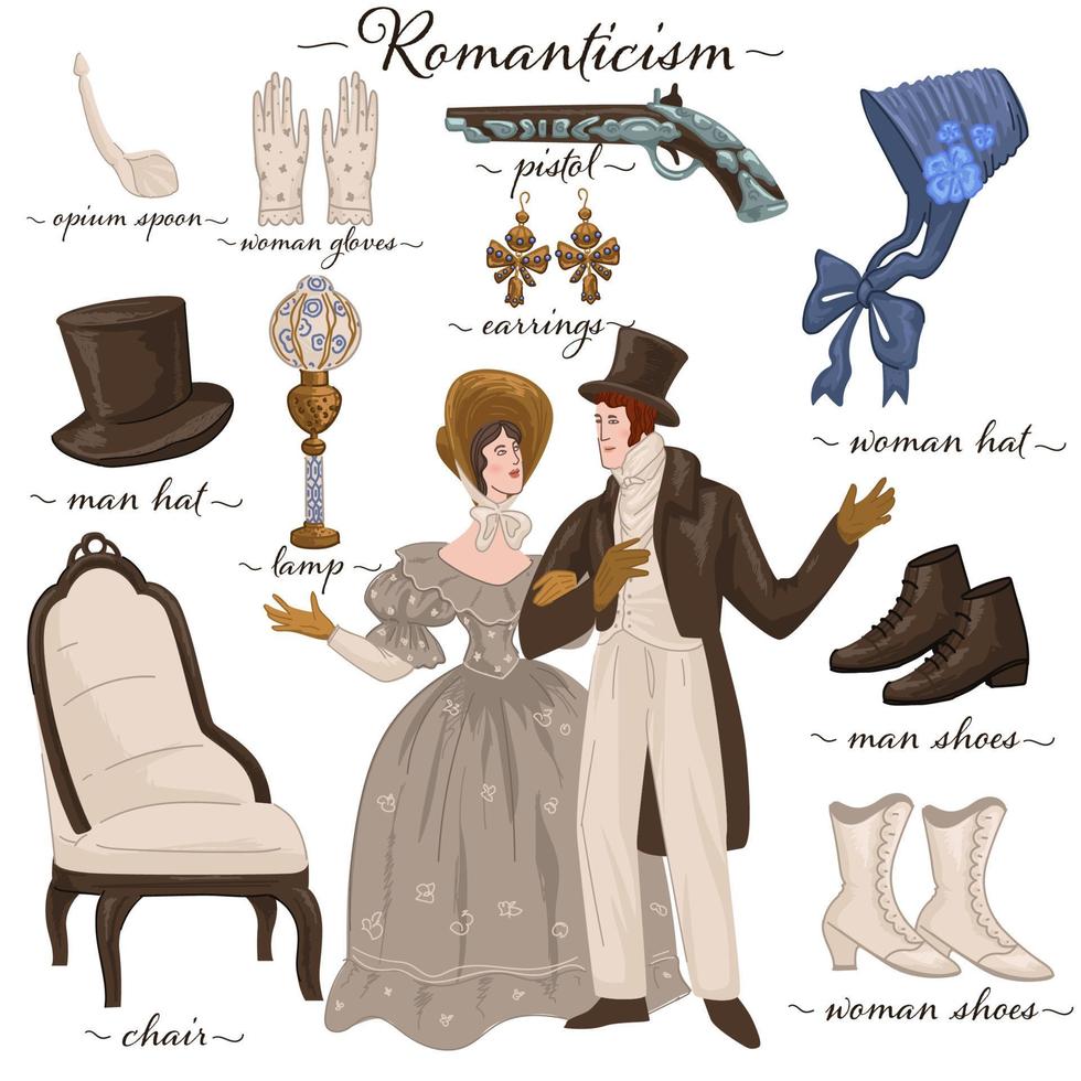 Romanticism epoch couple and traditional furniture vector