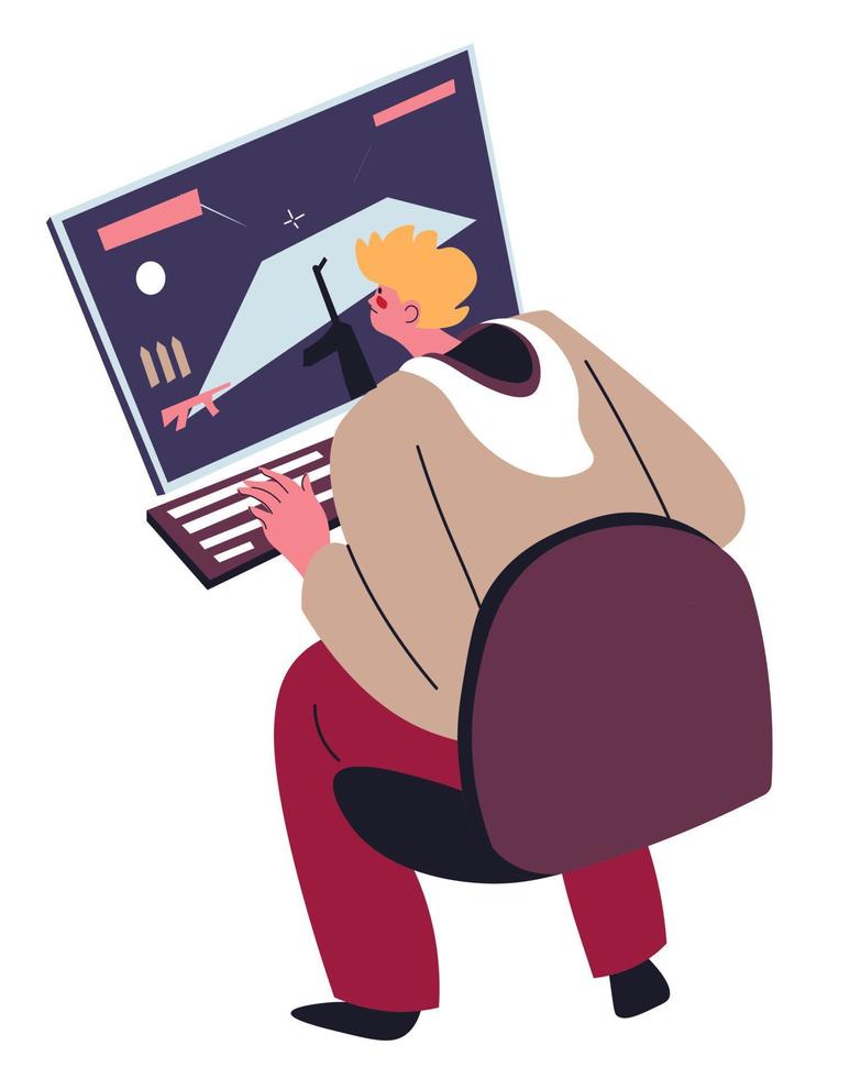 Video games addiction, man playing on computer vector