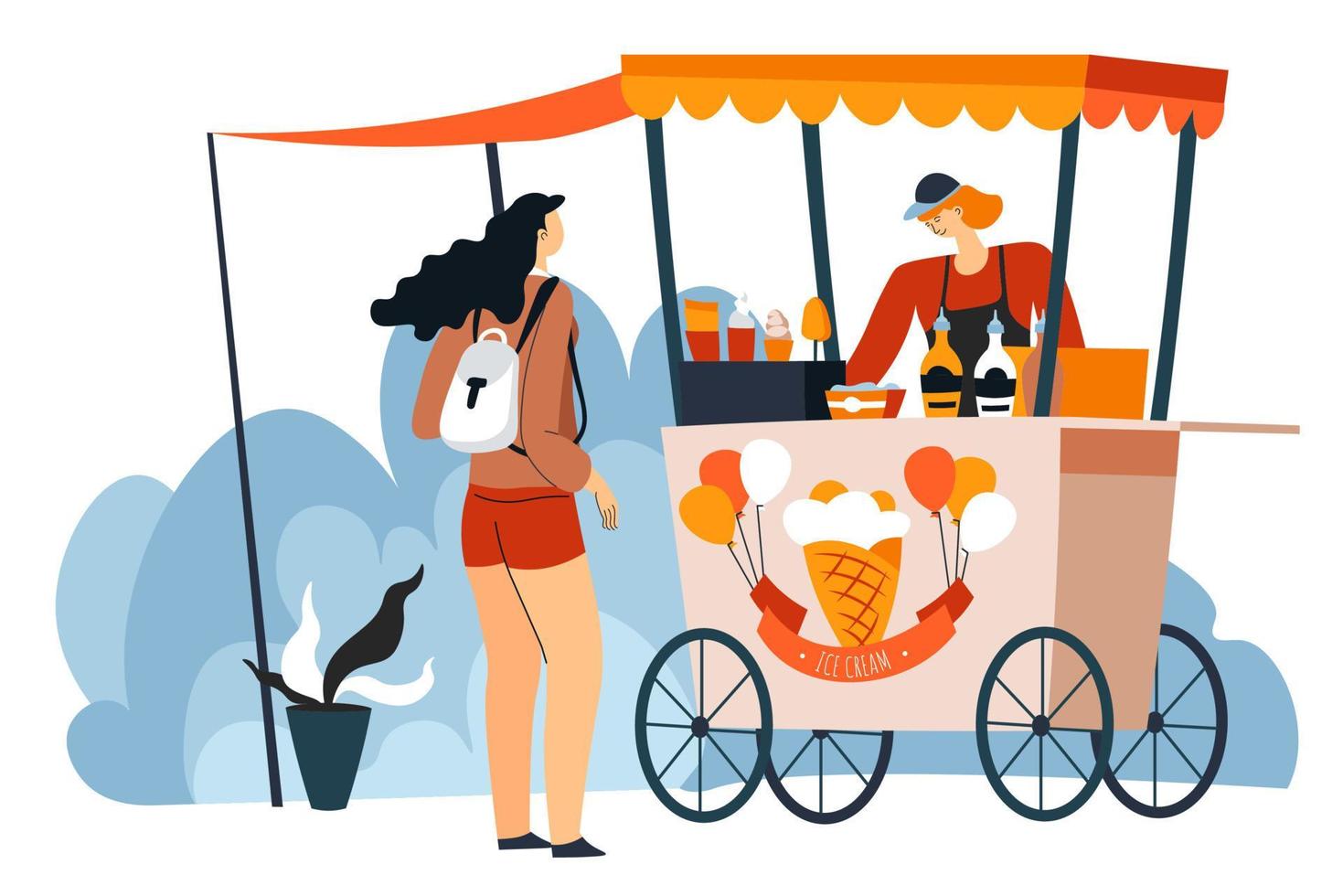 mujer comprando helado en la calle en vector de quiosco