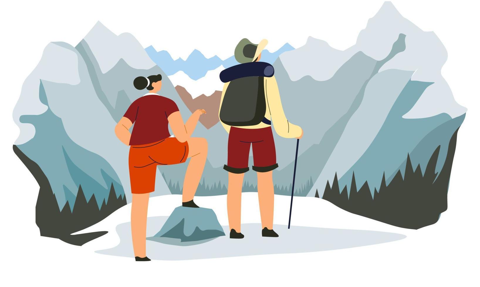 Traveling man and woman standing on mountains top vector