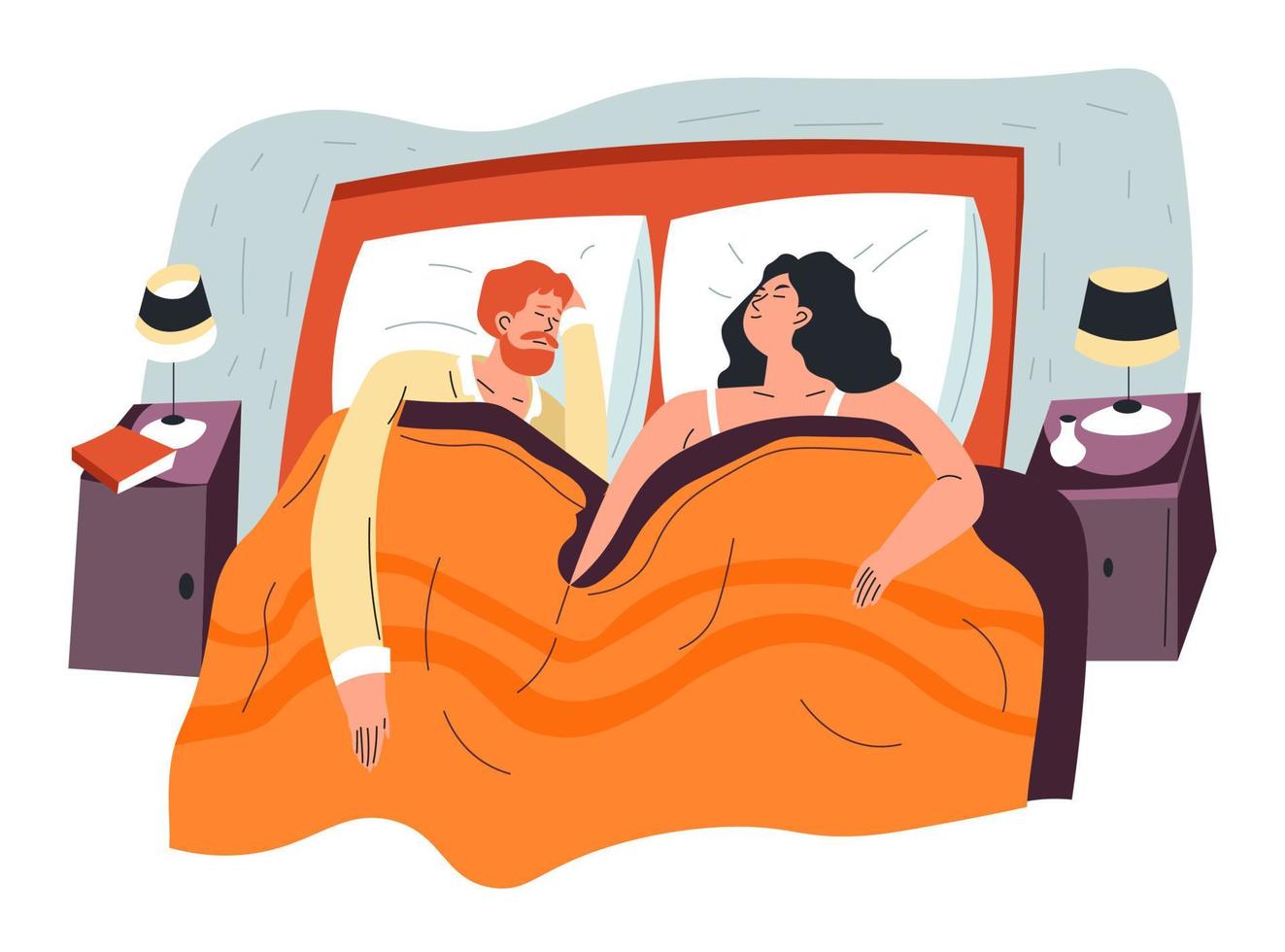 Man and woman sleeping in bed, resting couple vector