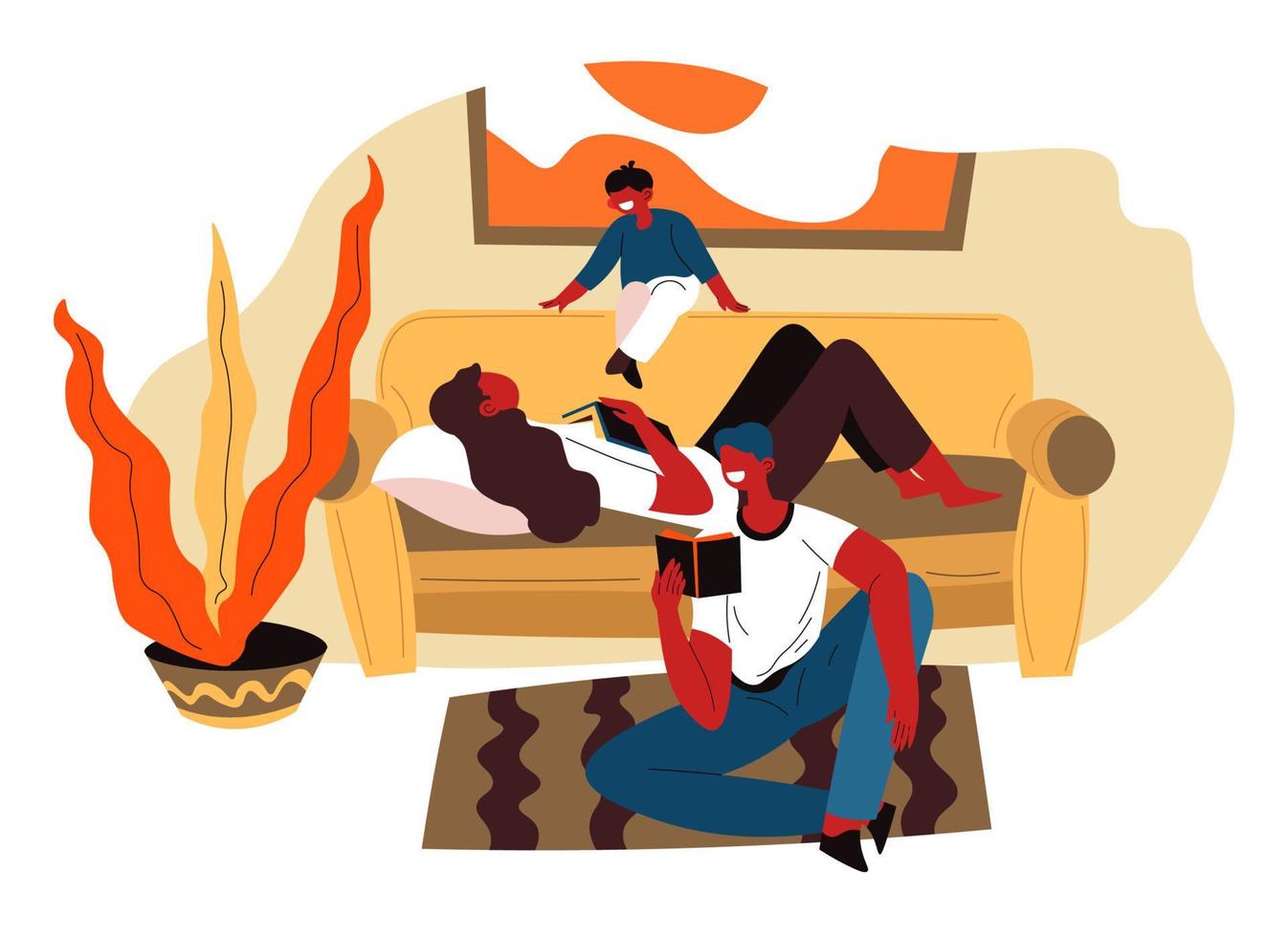 Woman and man reading book, kid playing on sofa vector