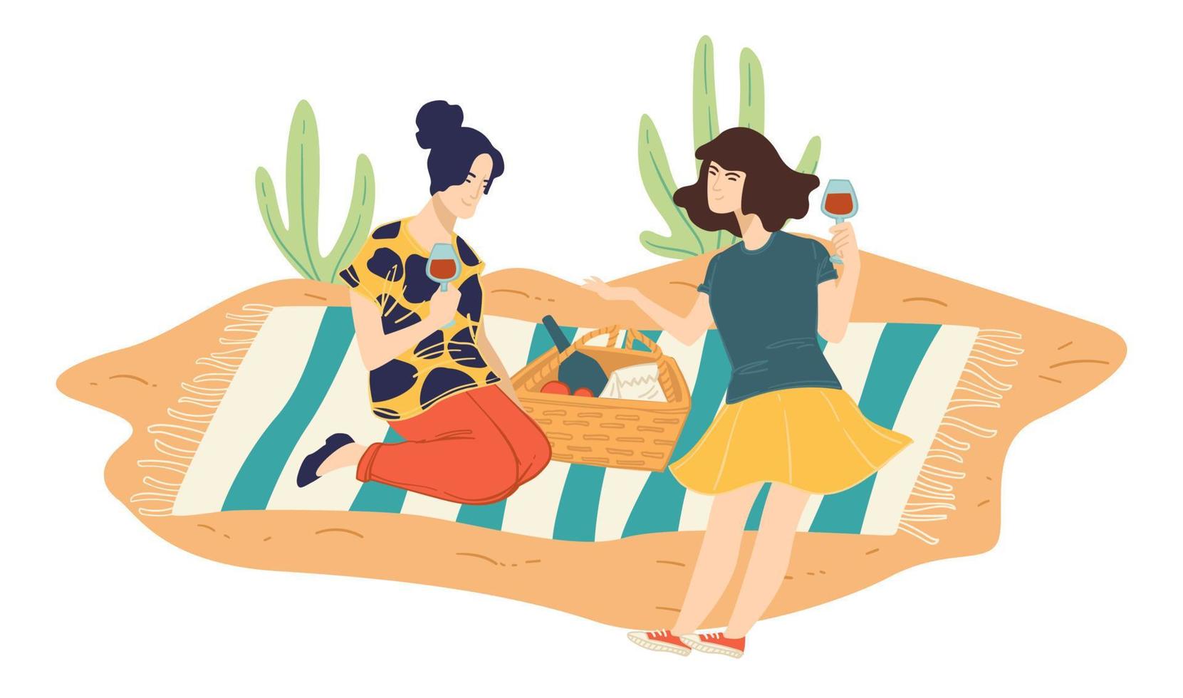 Female friends on picnic in park drinking wine vector