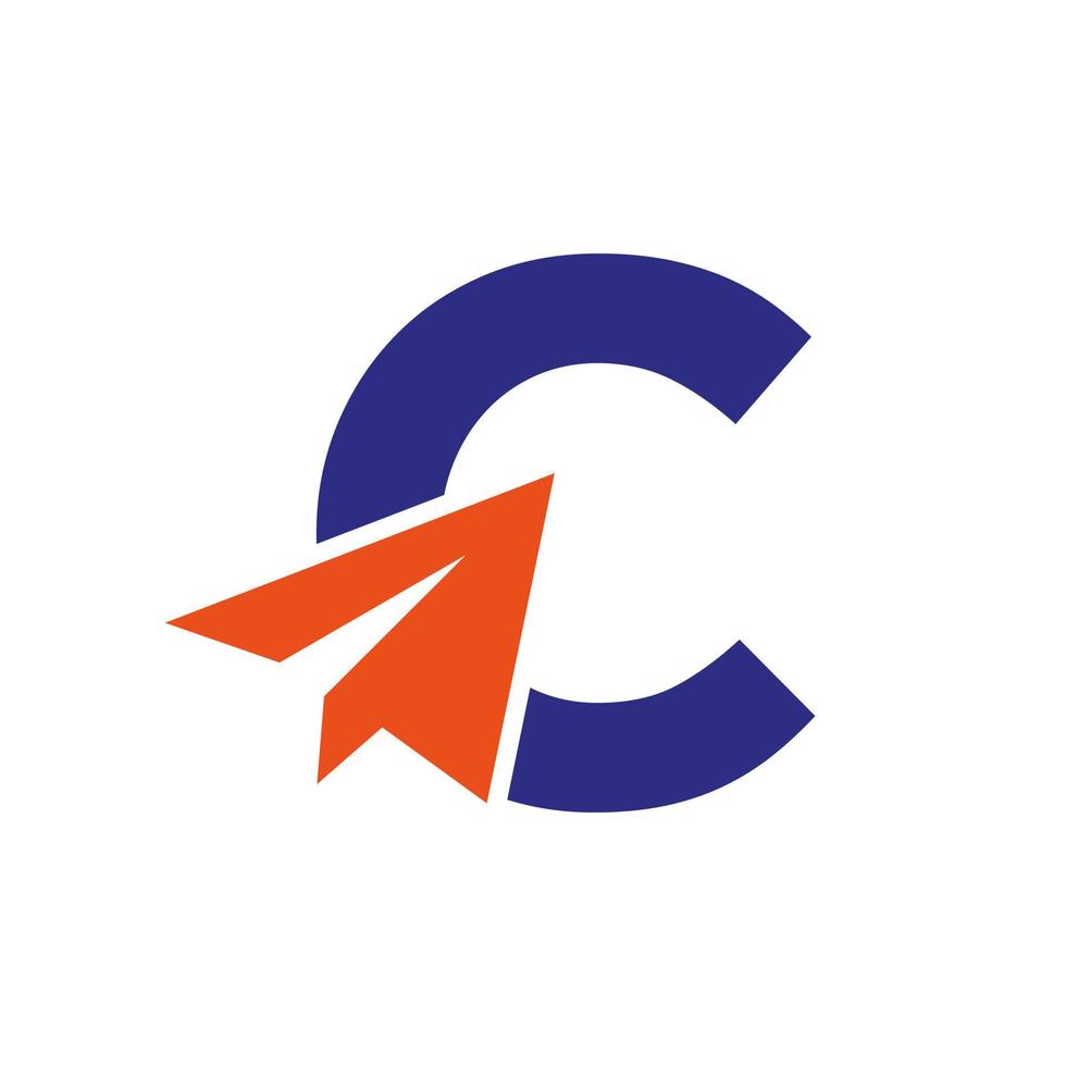 concepto de logotipo de viaje de letra c con plantilla de vector de icono de avión de papel